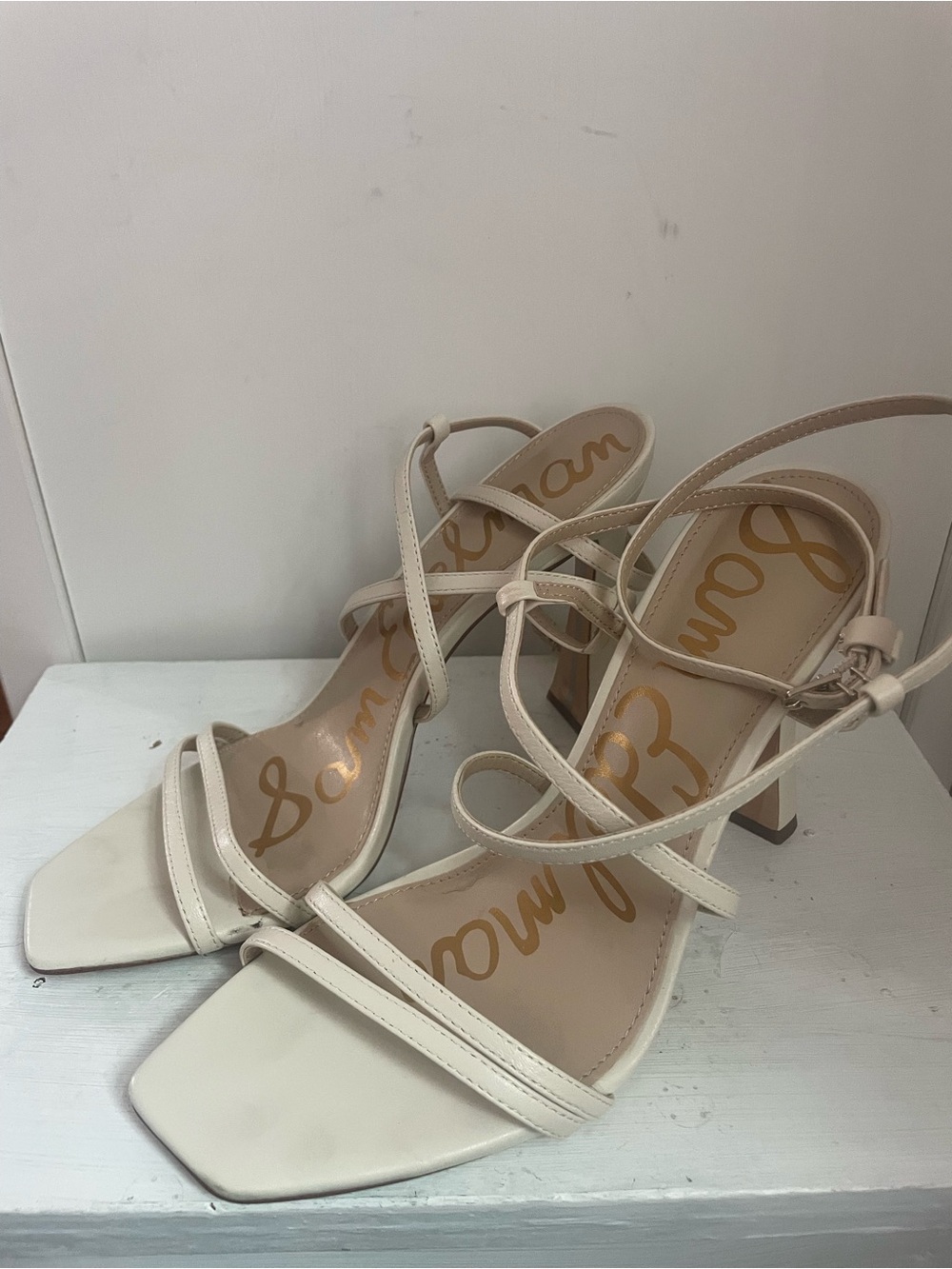Sam Edelman Cream Strappy Square-Toe Block Heels
